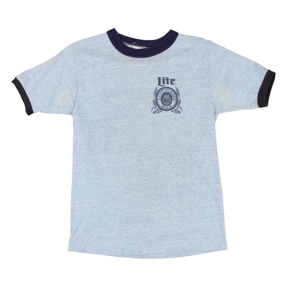 Vintage Miller Lite Ringer T-Shirt Light Blue Graphic Tee Single Stitch Small